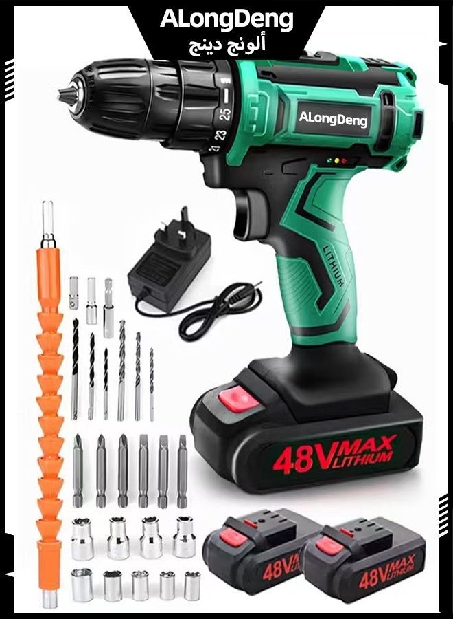 ALongDeng 48V Cordless Drill Set Power Drill Kit with 2 Pcs Battery 25 Position 2 Variable Speed 3/8'' Keyless Chuck Fast Charger and 24 Pcs Accessories with Case - Image 1